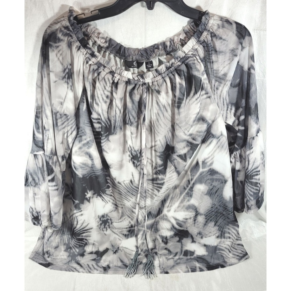 G by Giuliana Off Shoulder Printed Aria Mesh Knit Blouse Beaded Tassles - Small